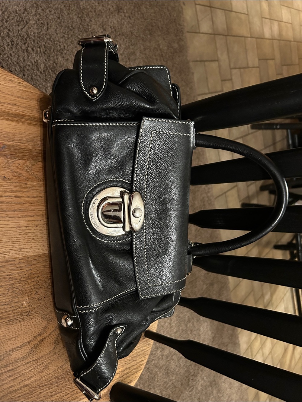 Marc Jacobs Black Leather Satchel with Silver Turnlock